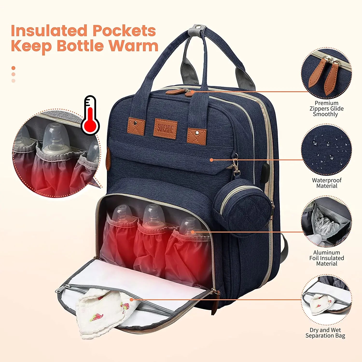 3-in-1 Waterproof Diaper Bag Backpack with Foldable Baby Bed & USB Charging