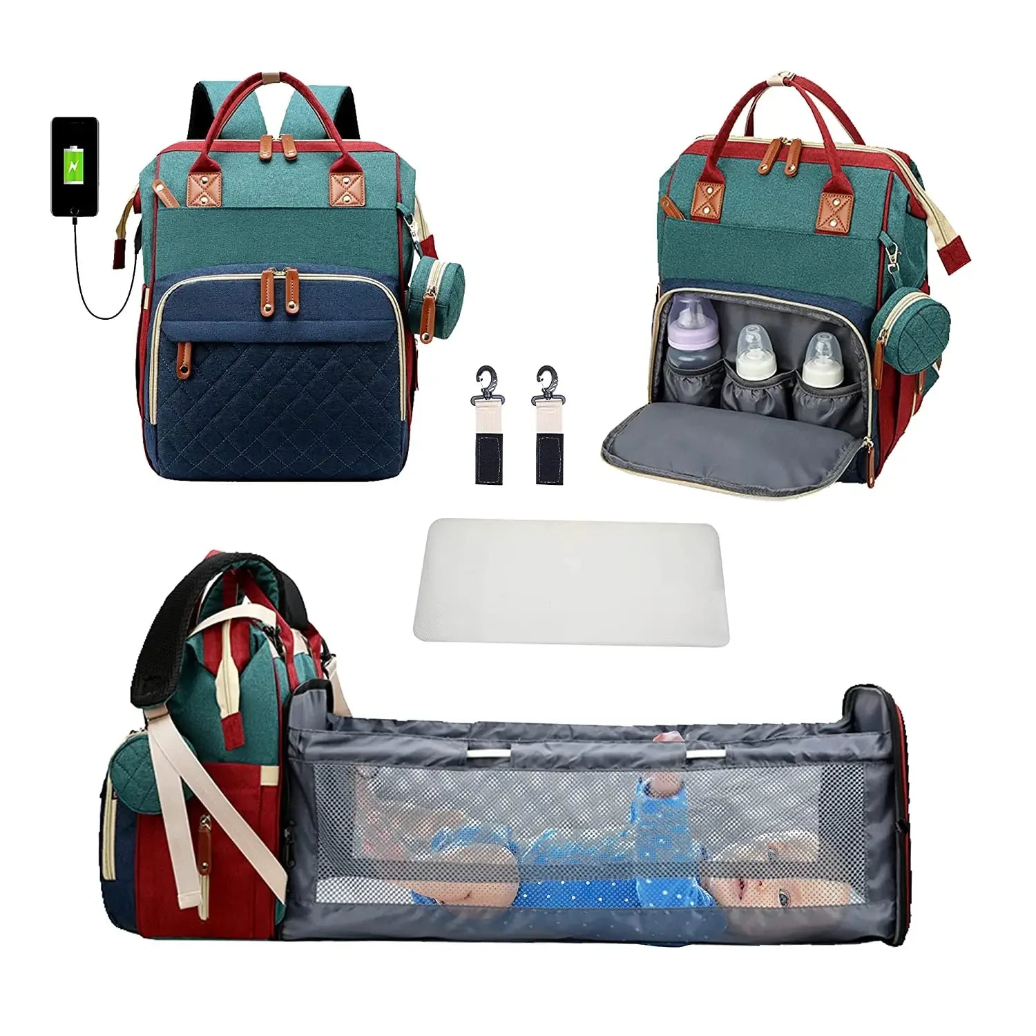 3-in-1 Waterproof Diaper Bag Backpack with Foldable Baby Bed & USB Charging