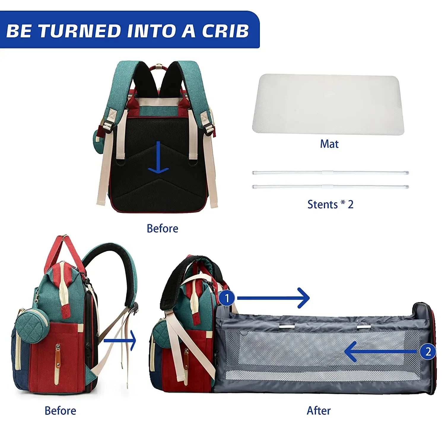 3-in-1 Waterproof Diaper Bag Backpack with Foldable Baby Bed & USB Charging