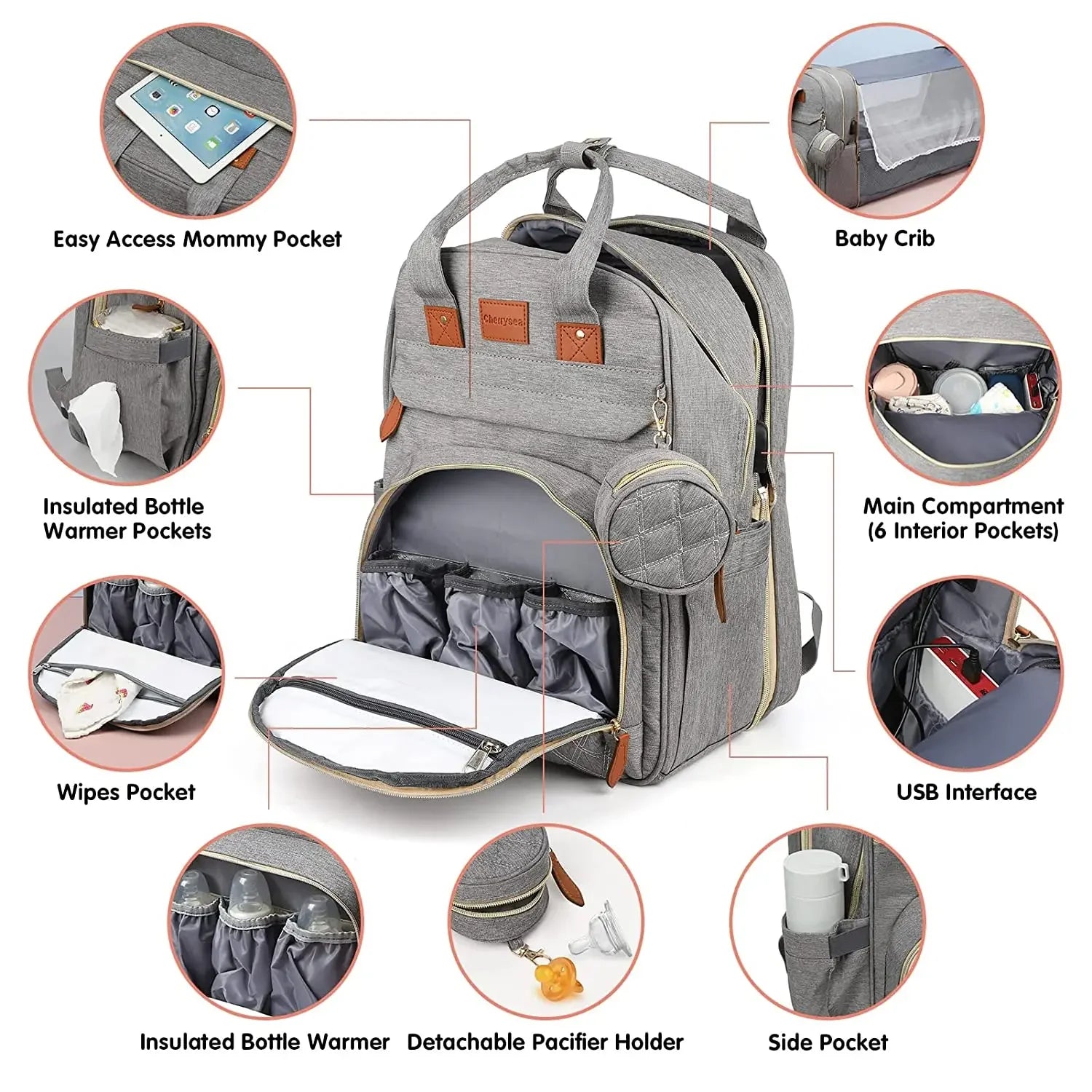 3-in-1 Waterproof Diaper Bag Backpack with Foldable Baby Bed & USB Charging