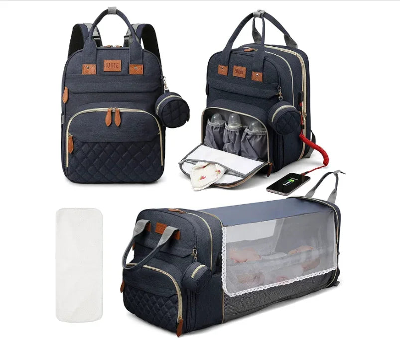 3-in-1 Waterproof Diaper Bag Backpack with Foldable Baby Bed & USB Charging