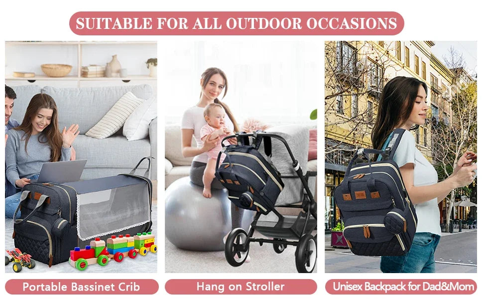 3-in-1 Waterproof Diaper Bag Backpack with Foldable Baby Bed & USB Charging