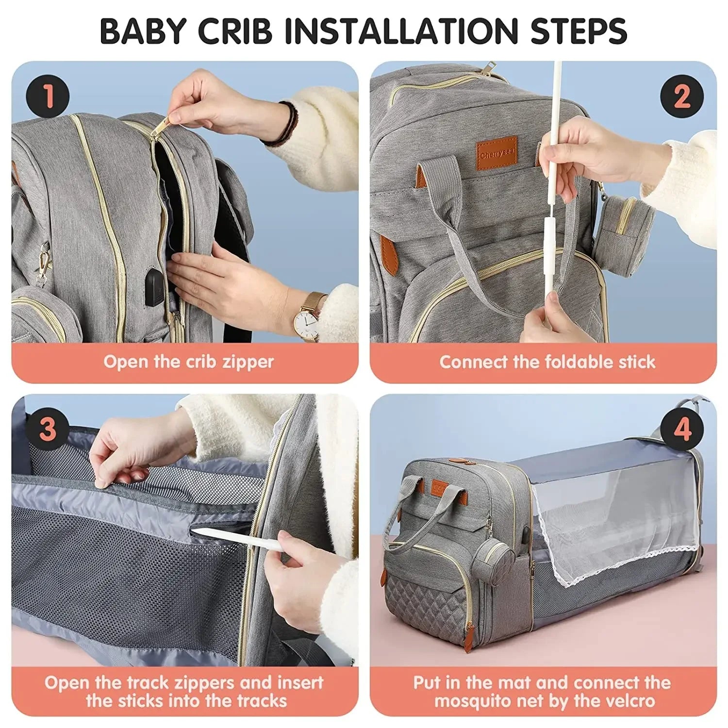 3-in-1 Waterproof Diaper Bag Backpack with Foldable Baby Bed & USB Charging
