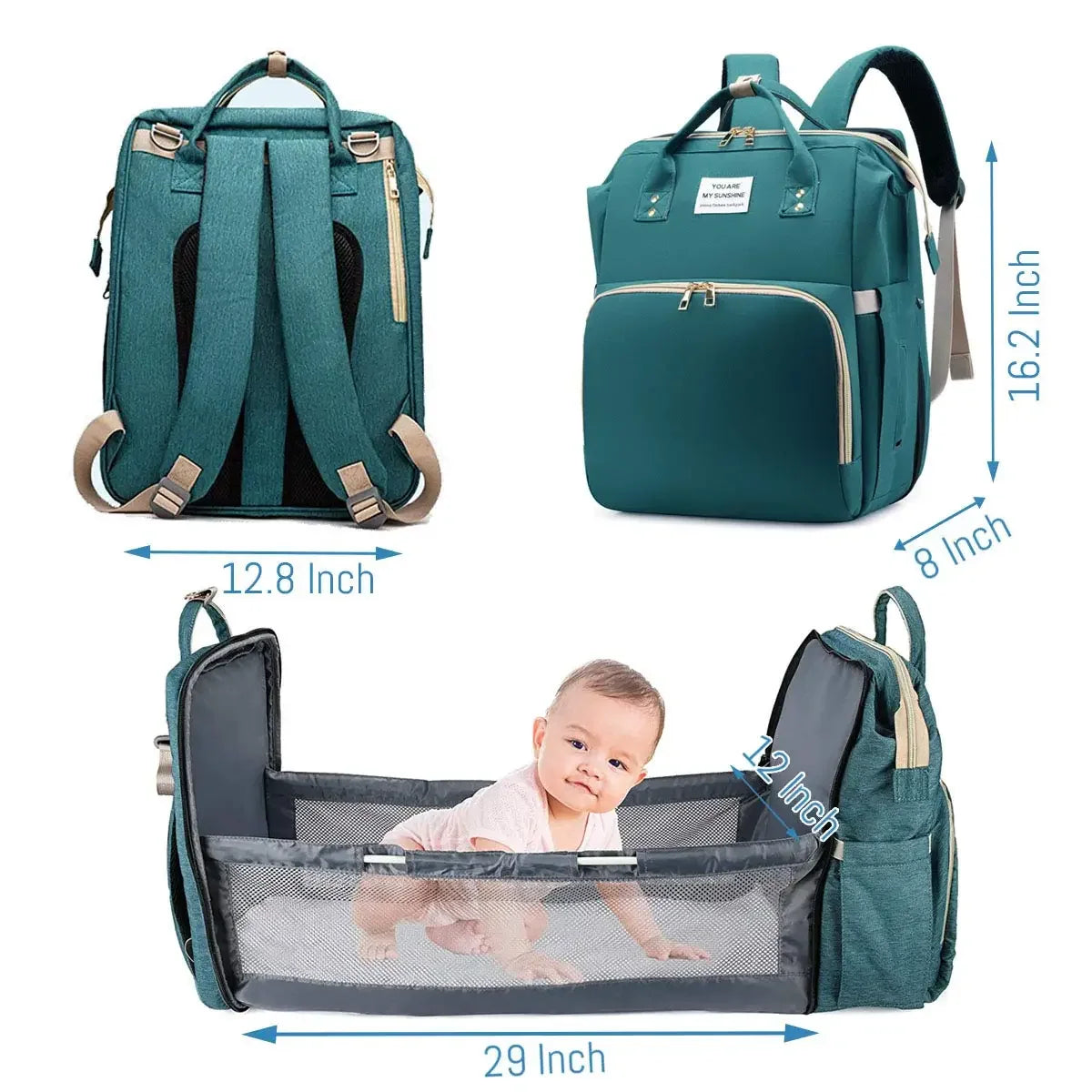 3-in-1 Waterproof Diaper Bag Backpack with Foldable Baby Bed & USB Charging