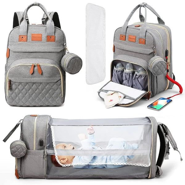 3-in-1 Waterproof Diaper Bag Backpack with Foldable Baby Bed & USB Charging