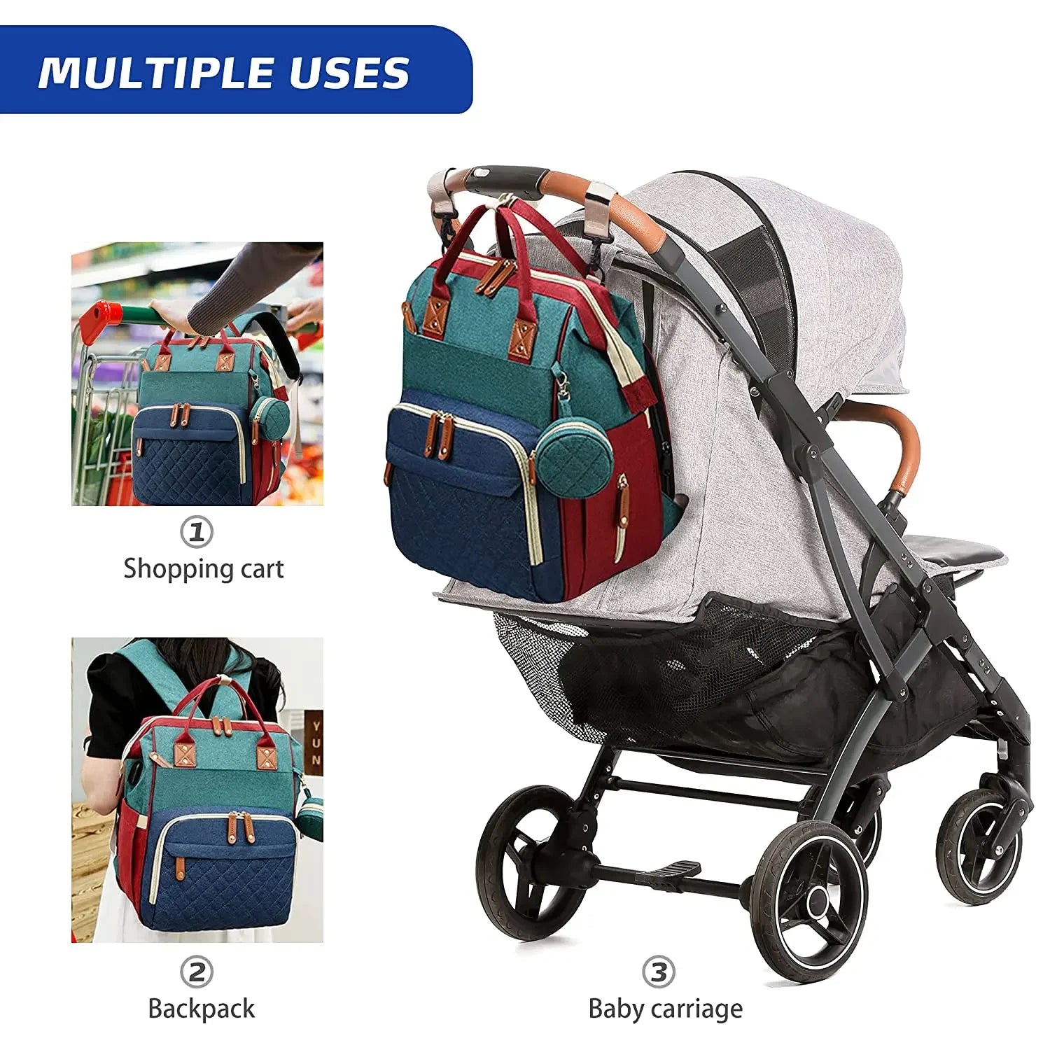 3-in-1 Waterproof Diaper Bag Backpack with Foldable Baby Bed & USB Charging