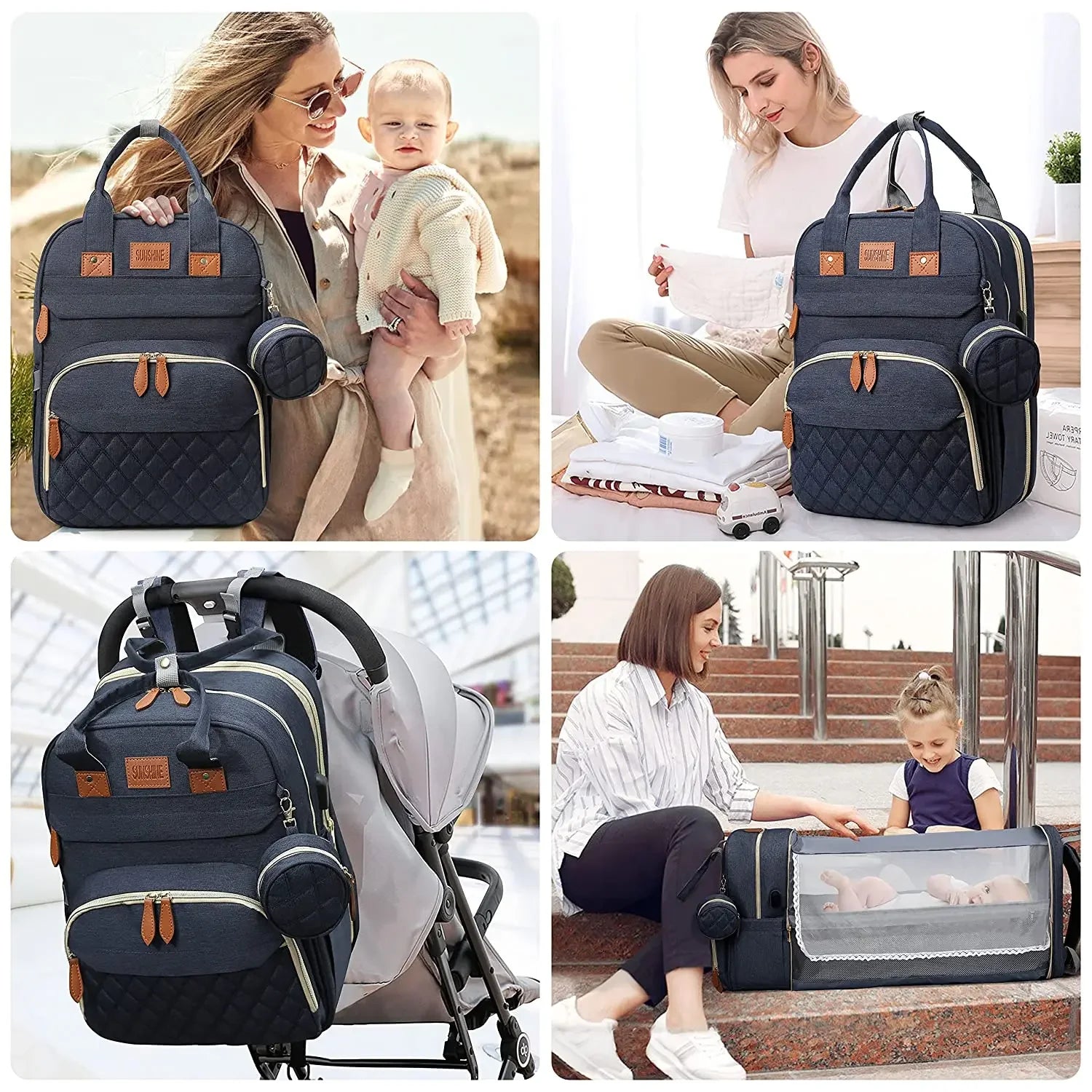 3-in-1 Waterproof Diaper Bag Backpack with Foldable Baby Bed & USB Charging