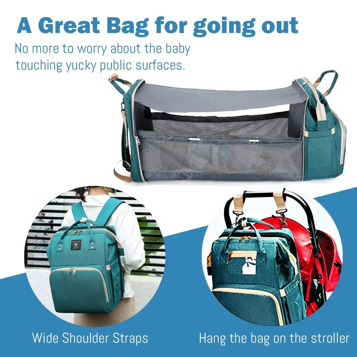 3-in-1 Waterproof Diaper Bag Backpack with Foldable Baby Bed & USB Charging