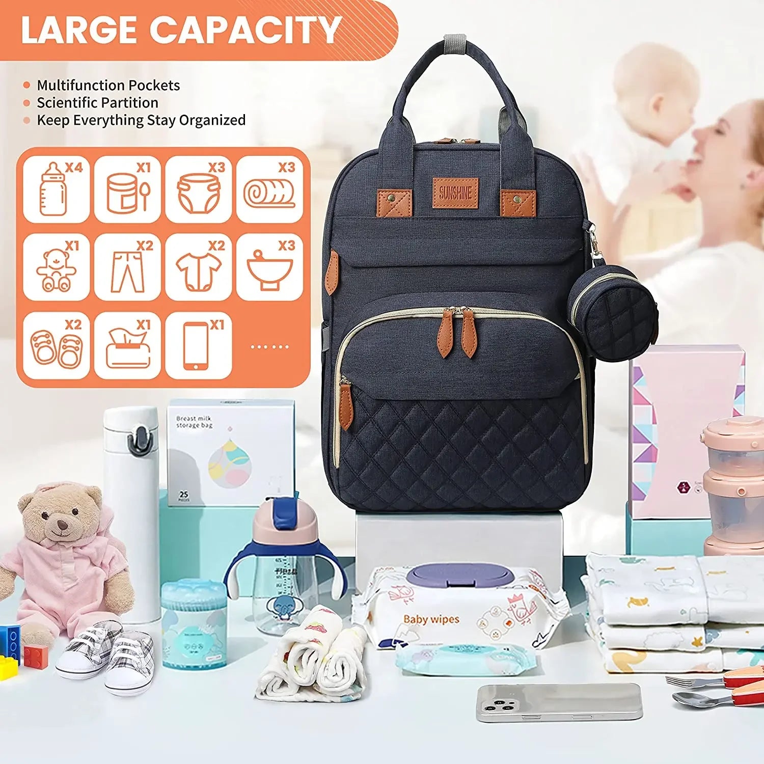 3-in-1 Waterproof Diaper Bag Backpack with Foldable Baby Bed & USB Charging