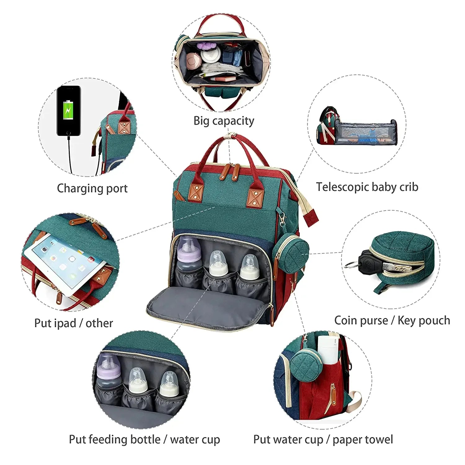 3-in-1 Waterproof Diaper Bag Backpack with Foldable Baby Bed & USB Charging